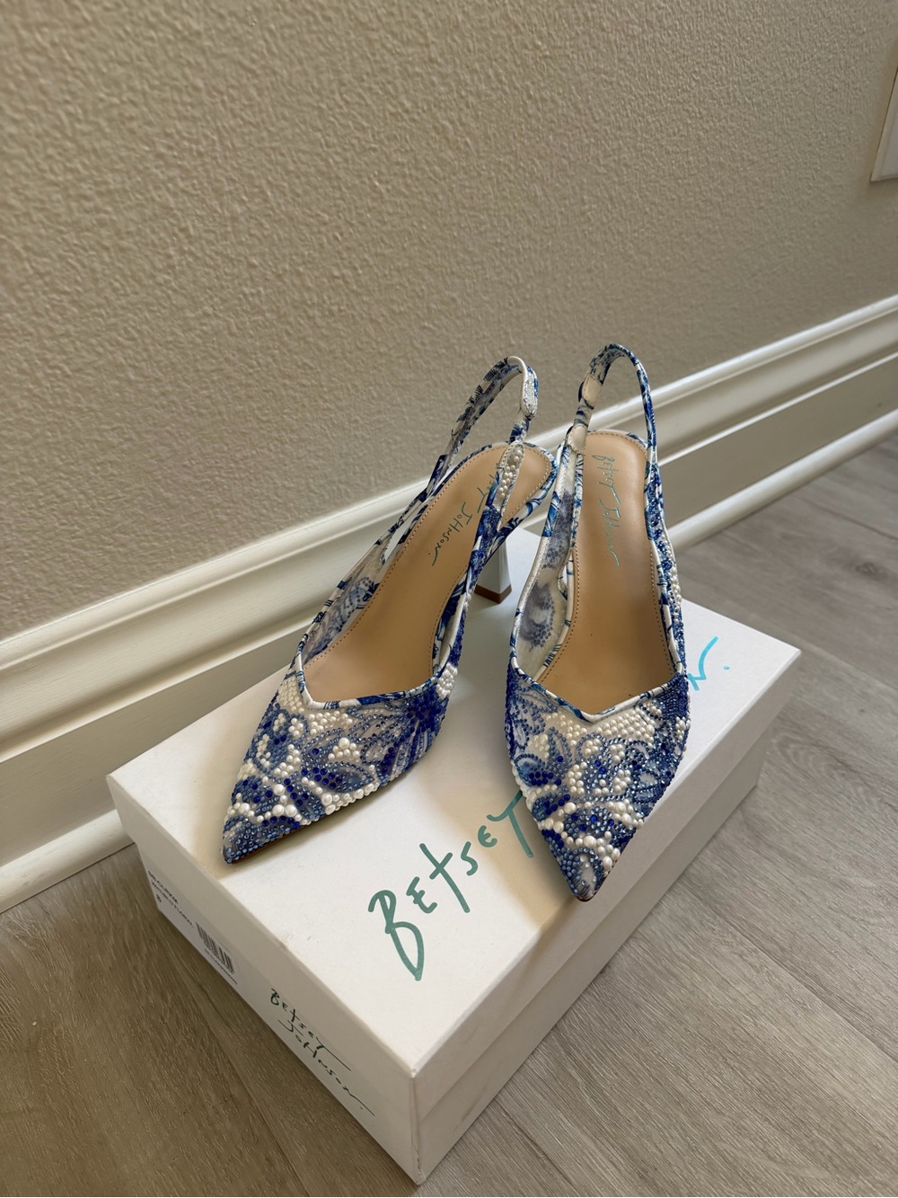 Betsey Johnson Blue and White Beaded Slingback Heels - Picture 2 of 5